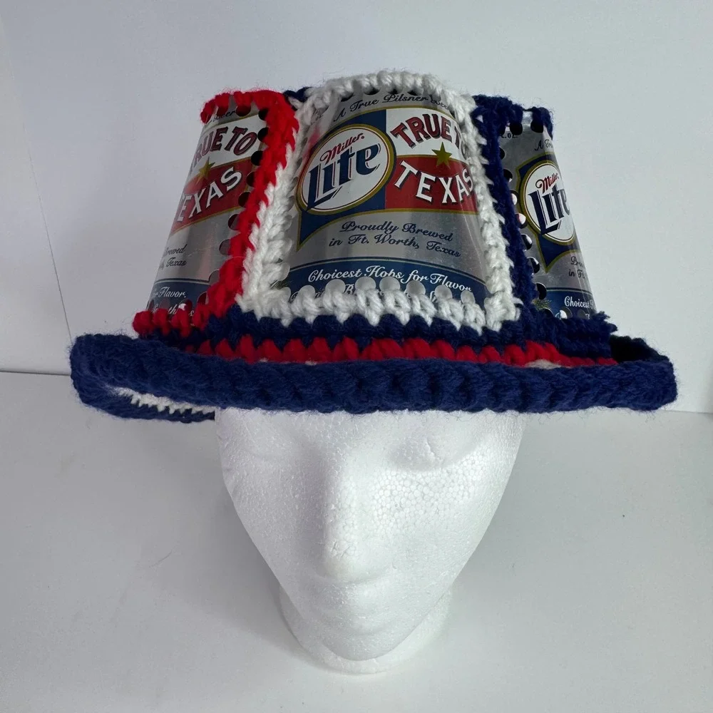 Vtg Handmade Miller Lite Beer Can Hat Adult OS Blue Red White Crochet Bucket Hat